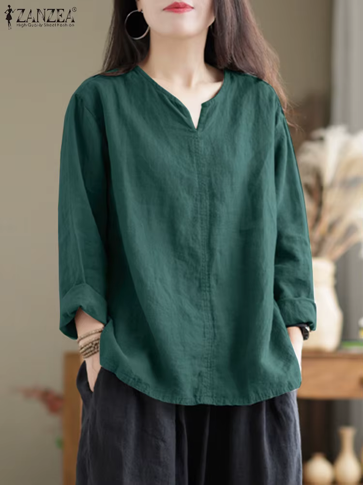Vintage femmes coton Blouse automne col en V à manches longues hauts 2025 ZANZEA rétro solide chemis
