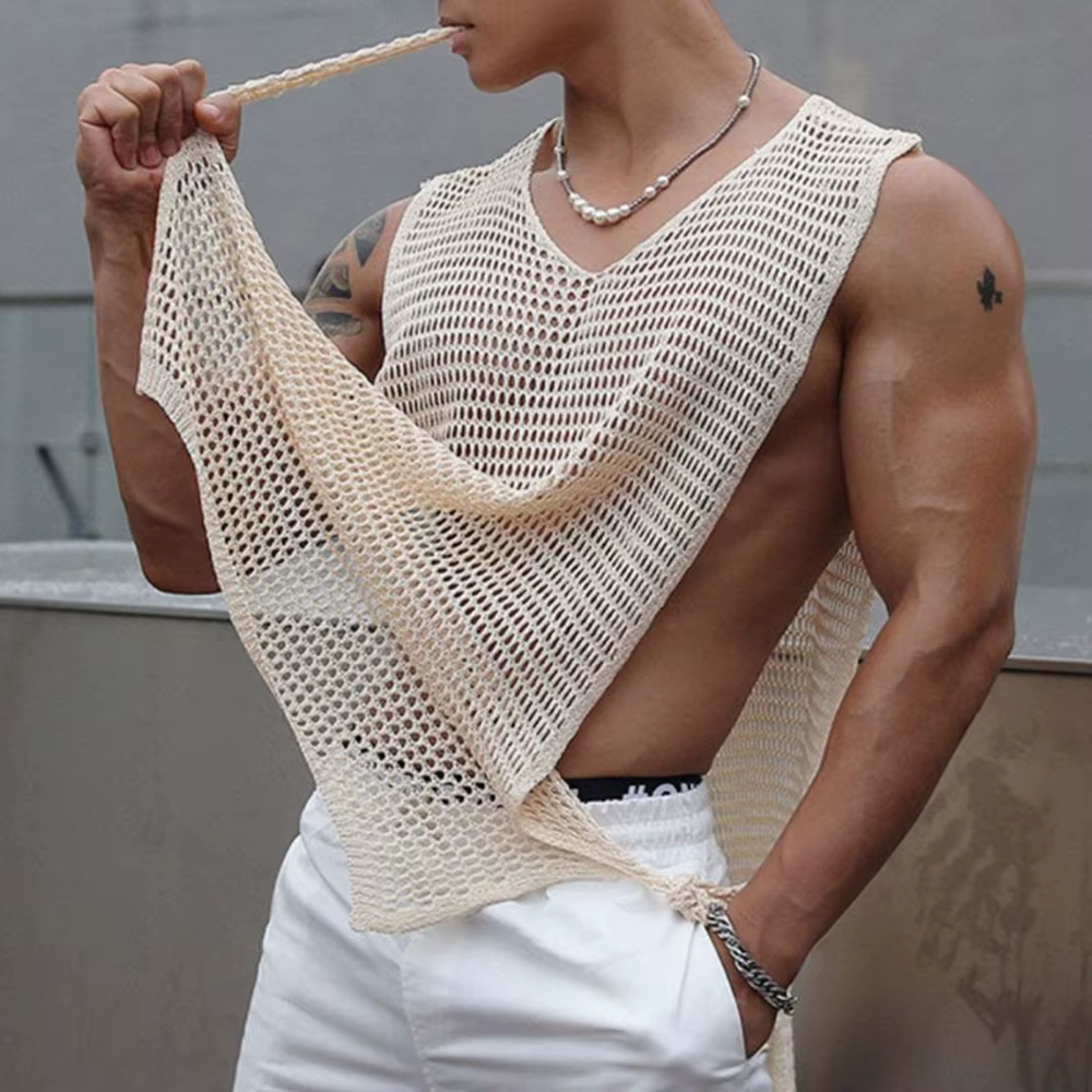 Débardeur transparent à bretelles creuses sur le côté pour hommes, Streetwear d'été, Niche de gymnas