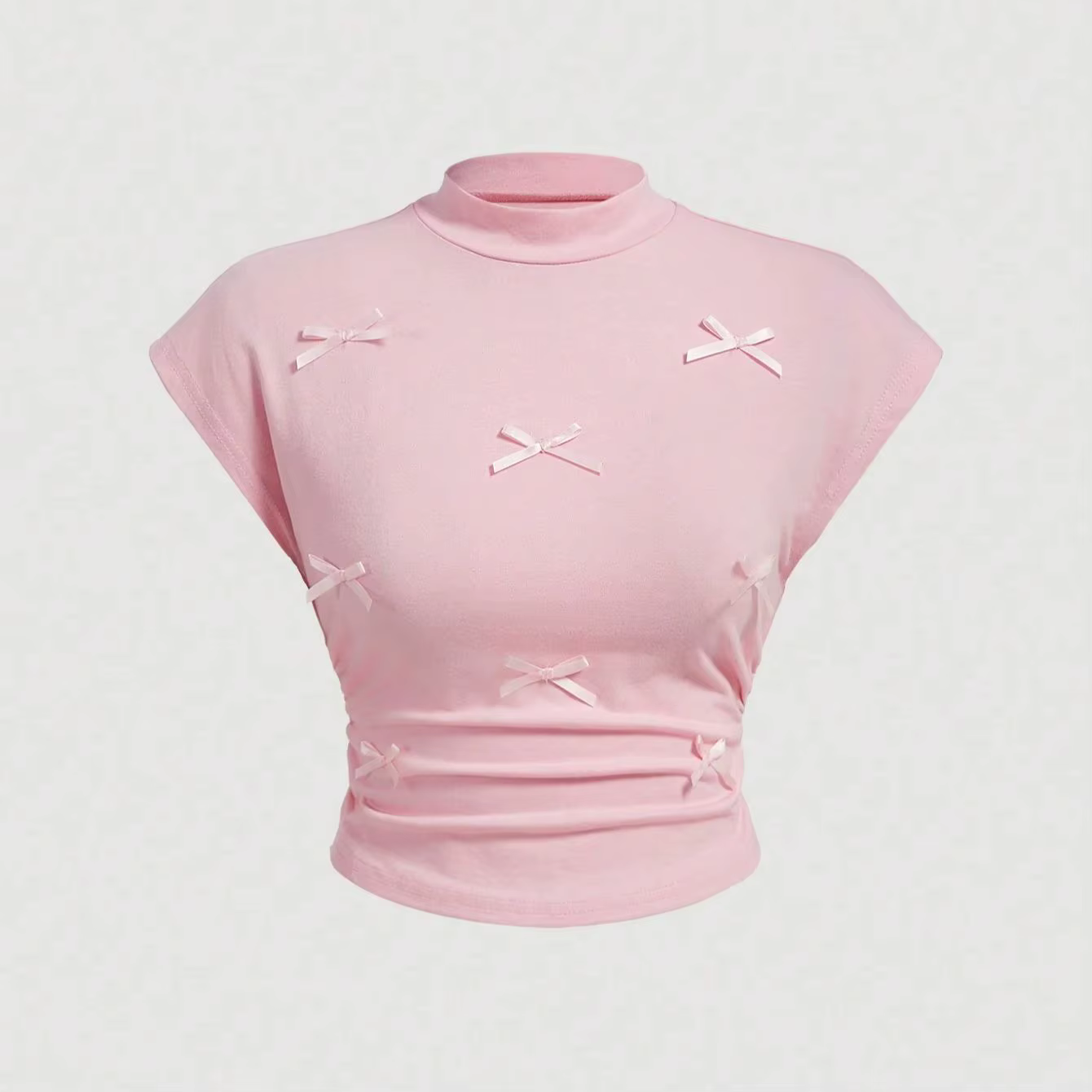 T-shirt à manches courtes et col mi-haut pour femme, pull Slim à manches volantes, avec nœud doux, E
