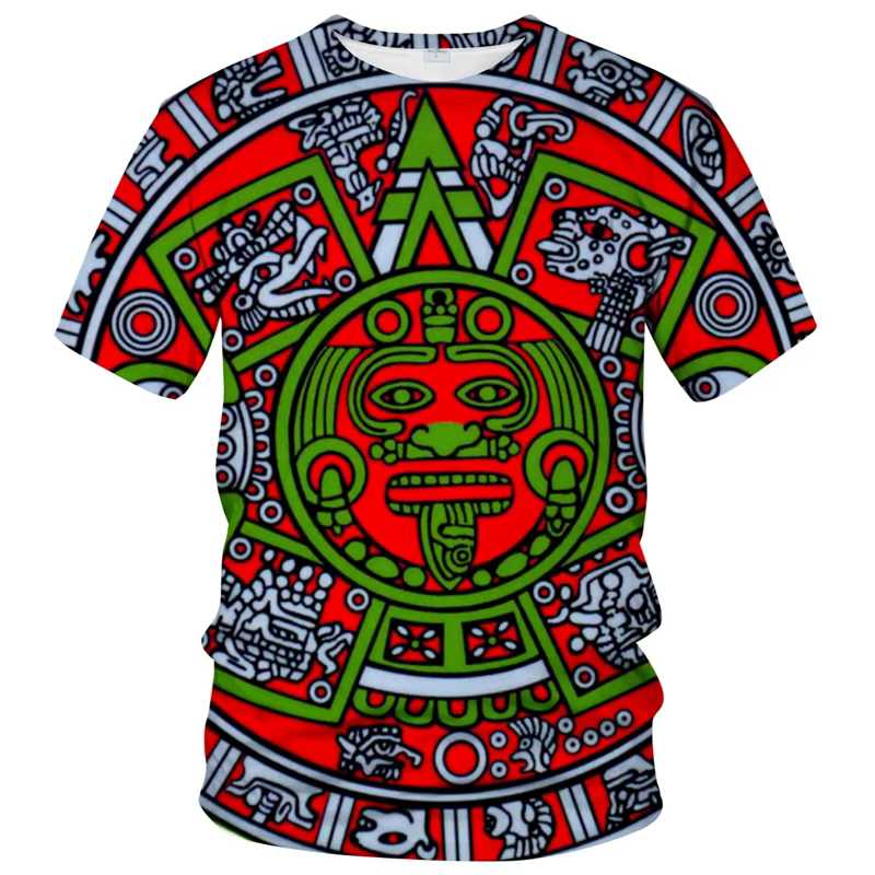T-shirt Aztec Sun Stone pour hommes et femmes, calendrier maya, t-shirt graphique néon, mode rétro,