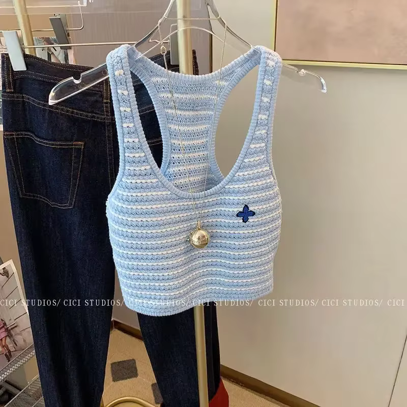 Tendance rayé débardeur été Sexy haut en tricot t-shirt femmes vêtements à la mode rayé col rond san