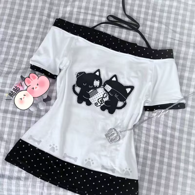 T-shirt pour femme, imprimé à pois, style japonais, kawaii, dessin animé, ample, décontracté, contra