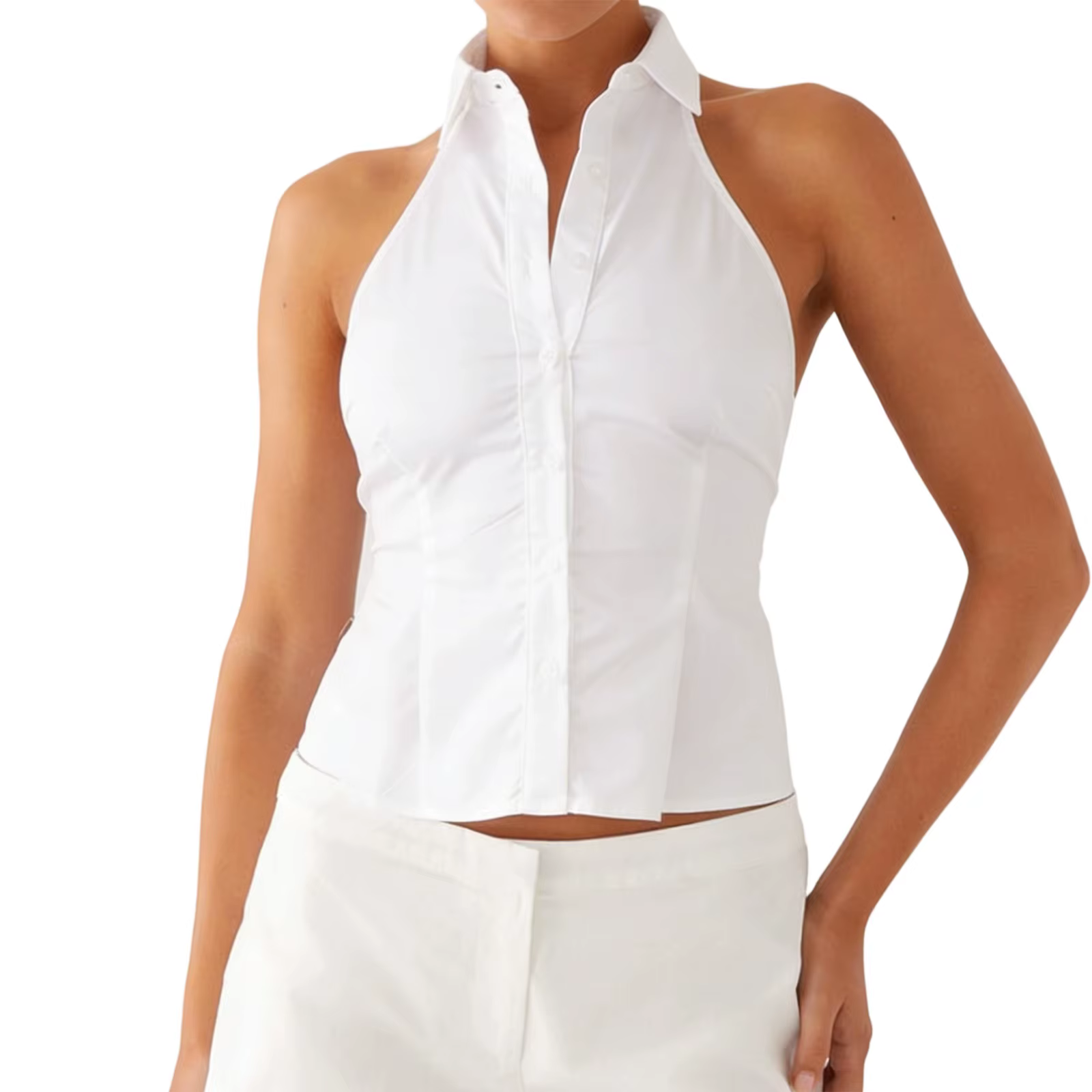 Hauts Halter Boutonnés pour Femmes – Tendances Estivales, Col Revers, Dos Nu à Nouer – Idéaux pour l