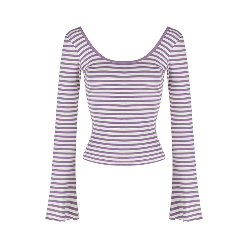 T-shirt à rayures et bretelles, col en U, pour femme, design automnal, coupe ajustée, haut à manches