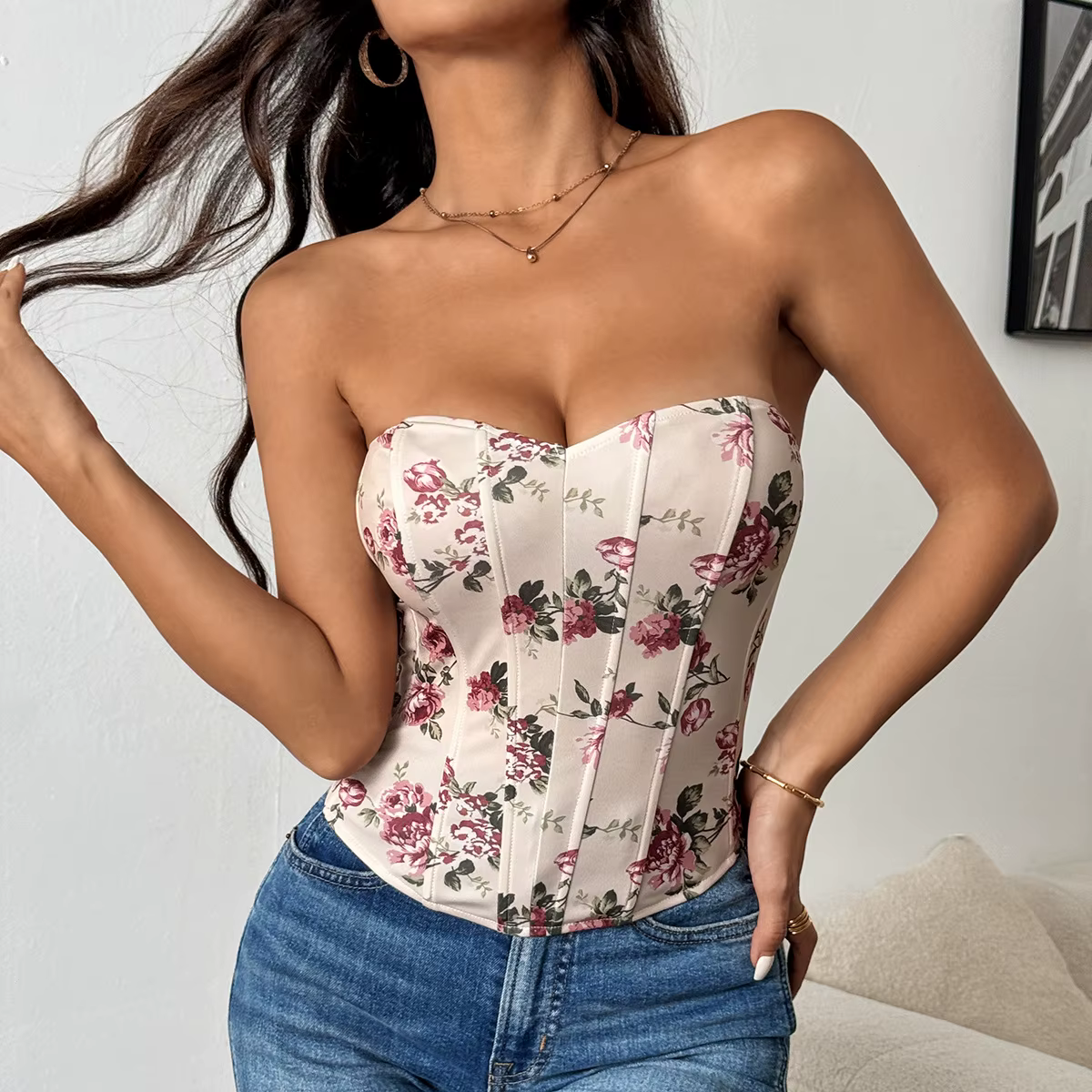2025 Sexy Hors Épaule Spicy Girl Débardeur Coupe Basse Dos Ouvert Fleur Imprimé Corsets Camis High S