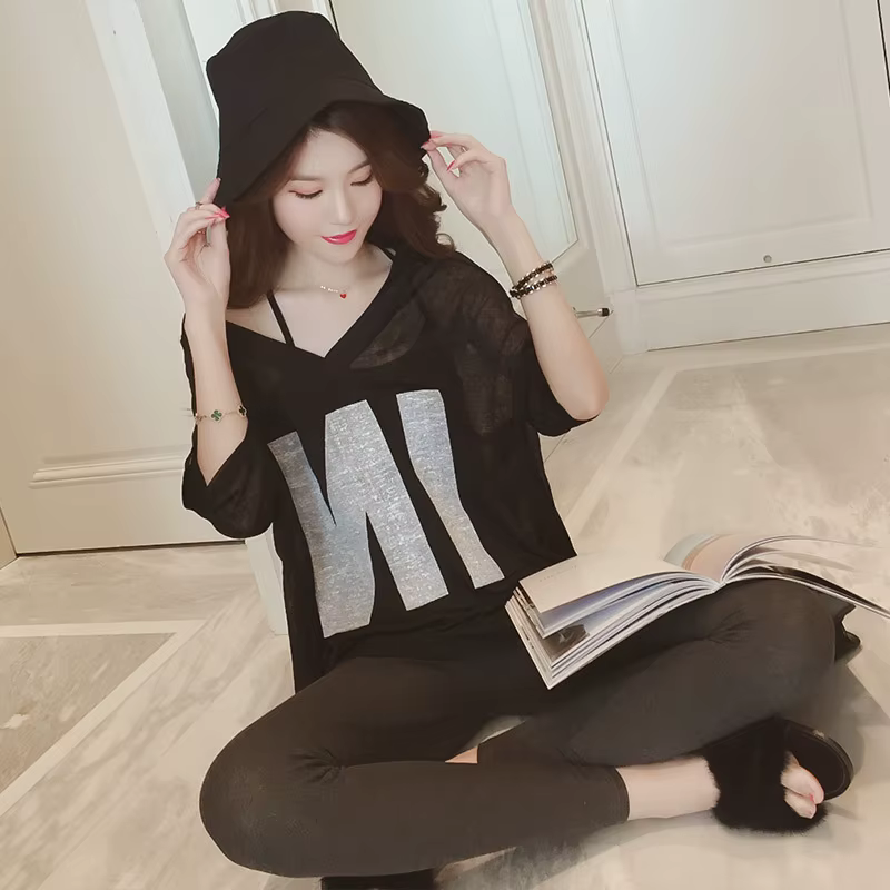 T-shirt grande taille pour femme, ensemble deux pièces décontracté d'été à col en V et manches court