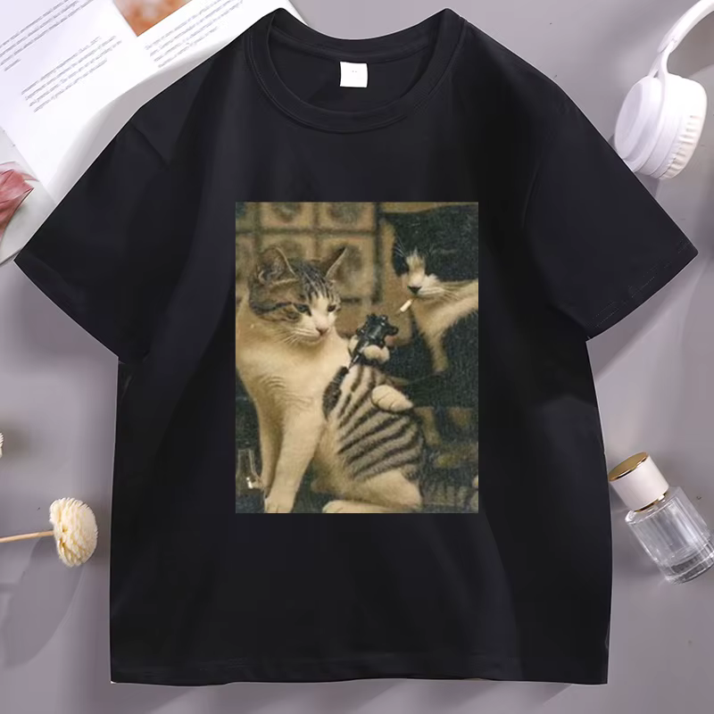 Tatouage chat Meme t-shirt décontracté coton à manches courtes t-shirts graphiques Streetwear haute 