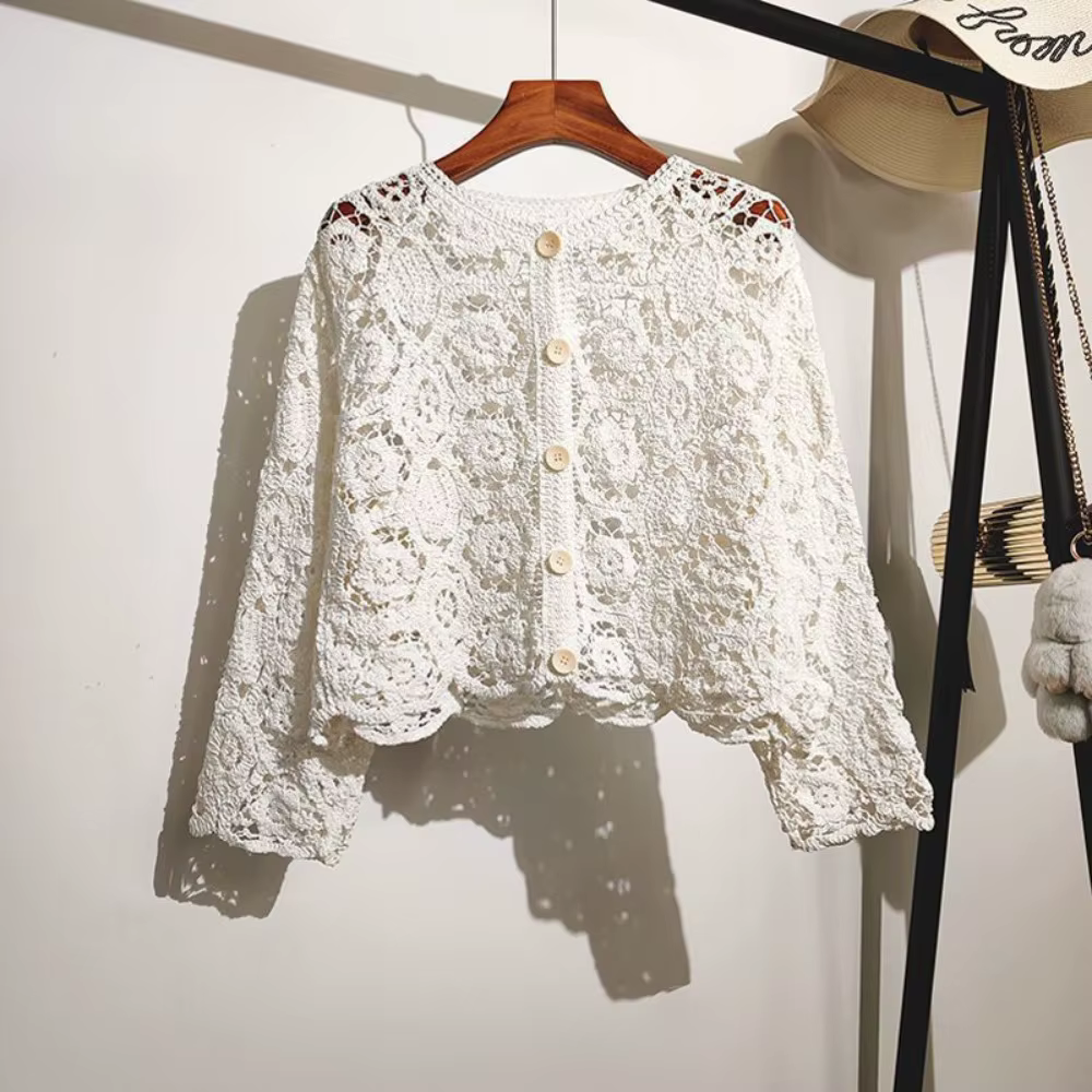 Cardigan en maille ajourée style bohème à manches 3/4 pour femme