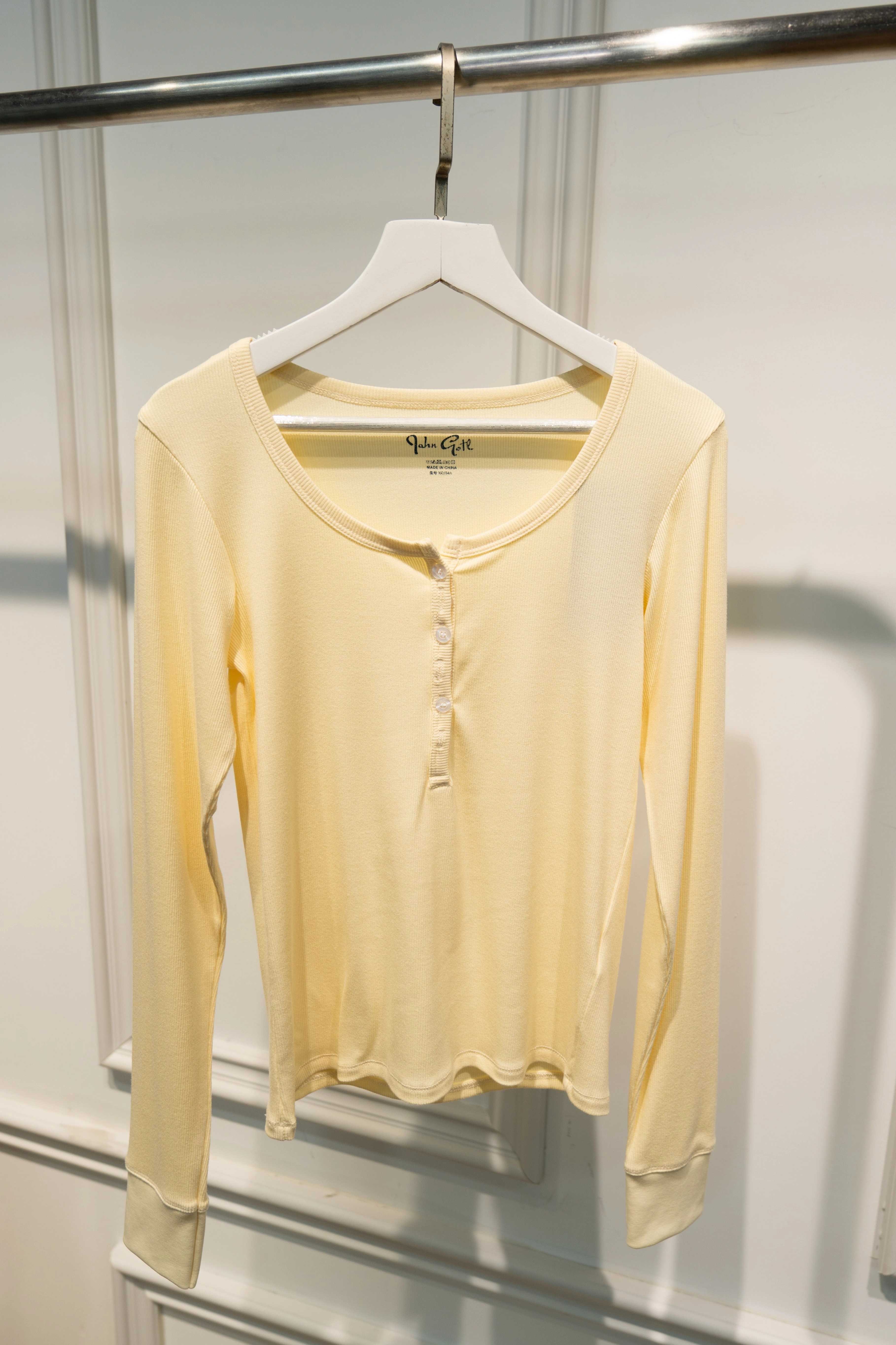 T-shirt manches longues col rond femme, en coton, avec boutons côtelés jaunes, Slim, mignon, Vintage