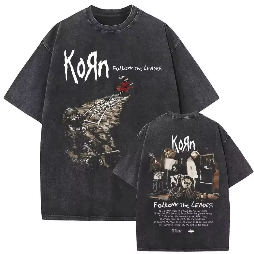 T-shirt en coton délavé vintage avec impression d'affiche classique du groupe rock Korn, nouvelle co