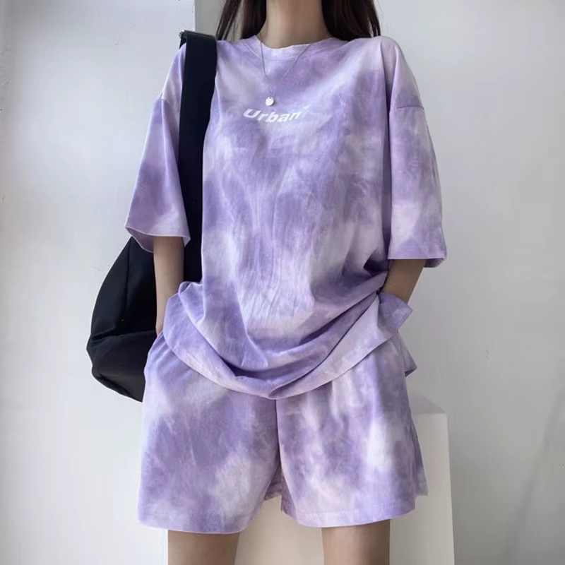 Femmes T-Shirt Shorts costume ensemble décontracté cravate colorant t-shirt ample et jambe large sho