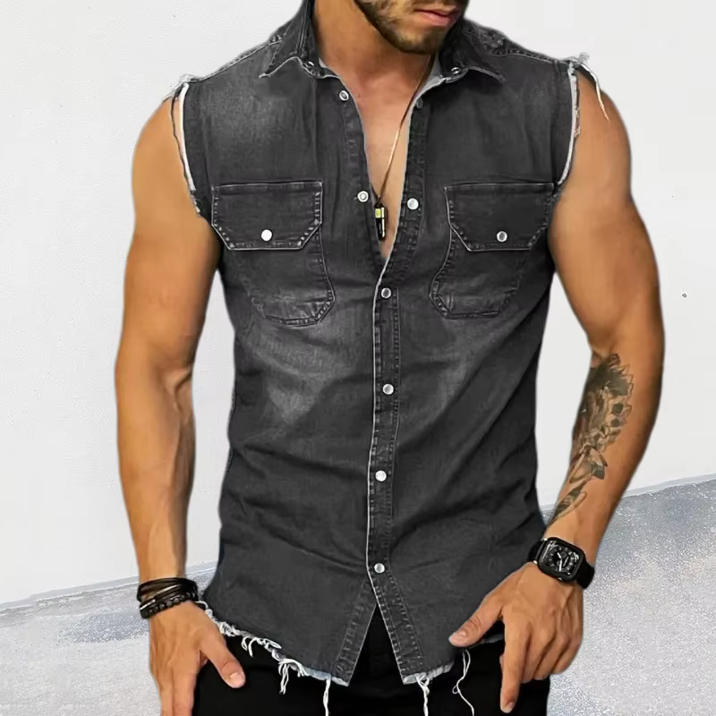 Chemise en Denim Précieux pour Homme, Cardigan à Revers en Fibre, Top Singlet, Streetwear, Été