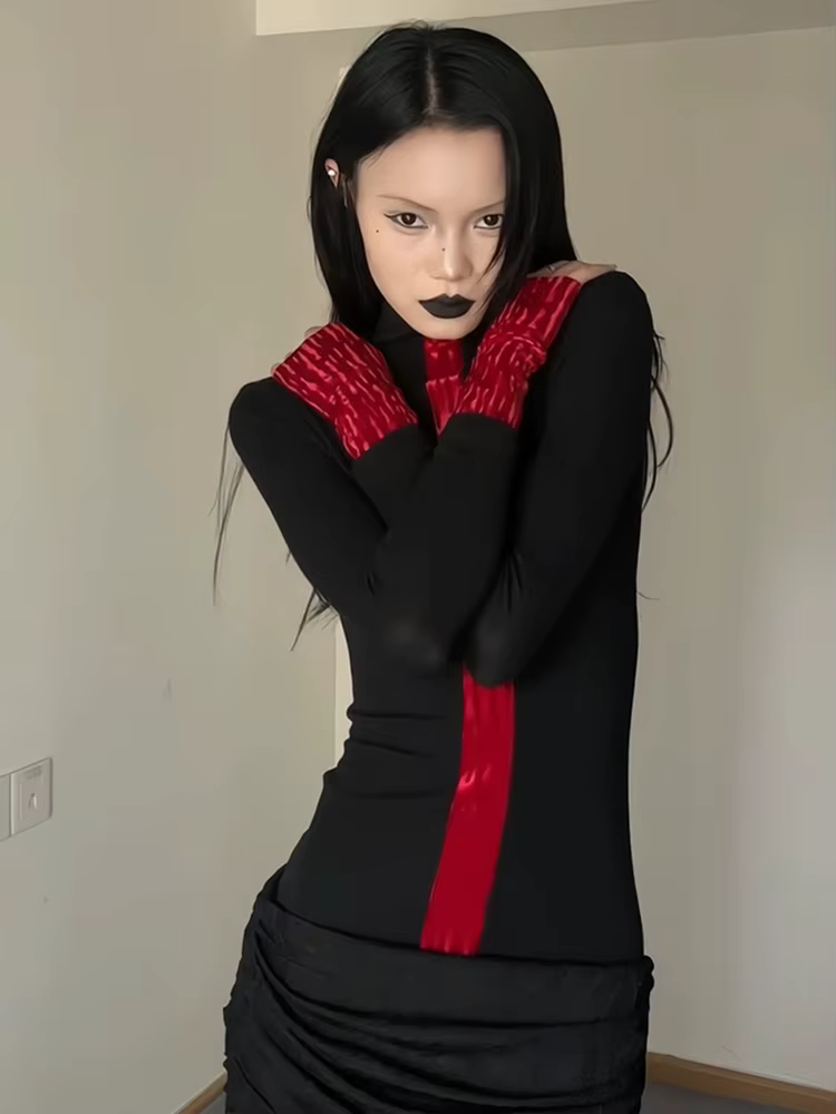 Yedinas Patchwork col roulé T-shirt femme vêtements à manches longues noir gothique haut d'automne 2