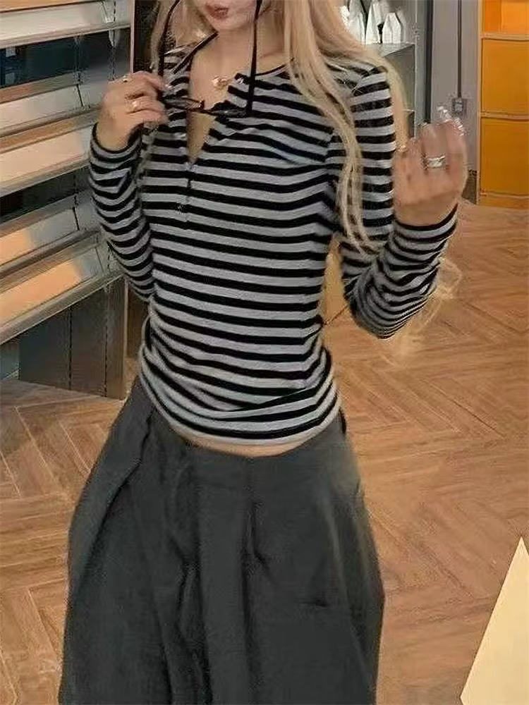 Vintage rayé mignon t-shirts femmes mode coréenne bouton fée Grunge T-Shirt Y2K vêtements décontract