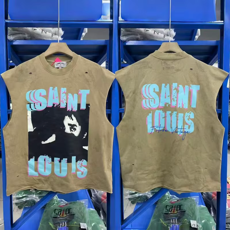 SAINT Débardeur Vintage Homme Sans Manches Effet Vieilli Délavé Style Rétro Streetwear Coupe Ample T