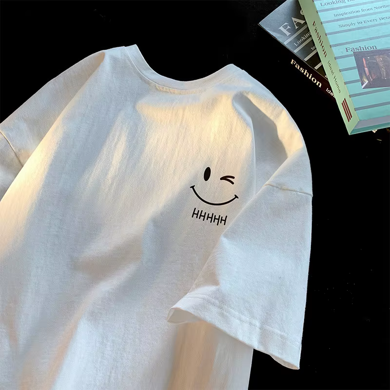 T-shirt à manches courtes pour hommes et femmes, visage souriant, drôle, mode Couple, basique améric