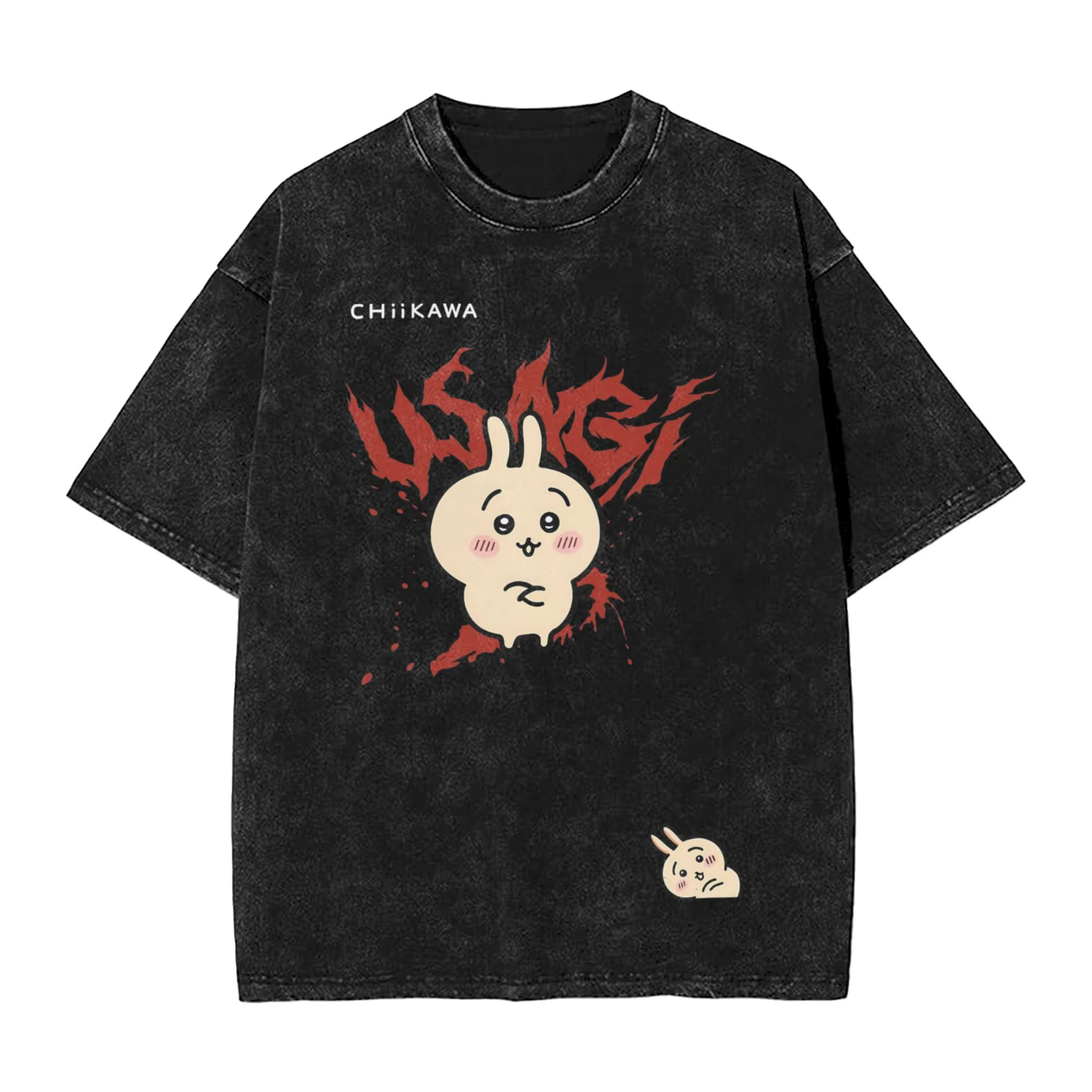 T-shirt délavé Kawaii Chiikawas, motif mascotte japonaise mignonne, style Hip Hop Vintage, Streetwea