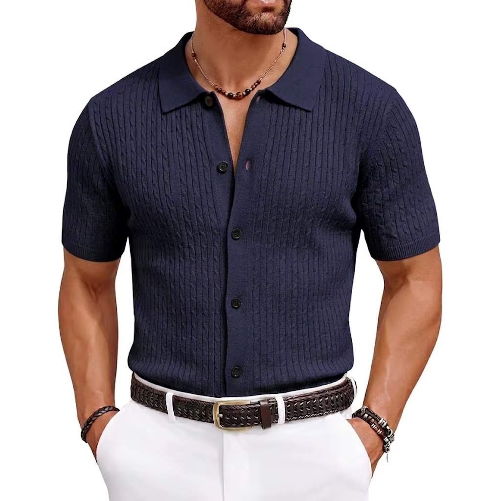 T-shirts légers pour homme, manches courtes, tricotés, style Henley, rayés, vêtements d'été en trico
