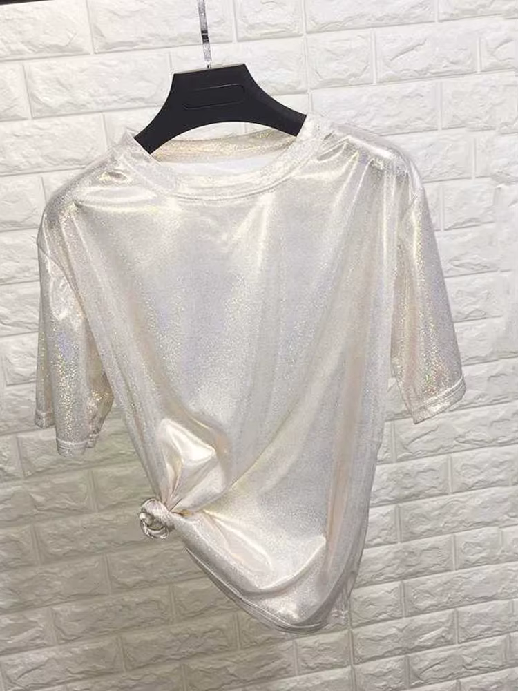 T-shirt manches courtes femme, estival et élégant, en soie brillante, ample, sexy, esthétique, haraj