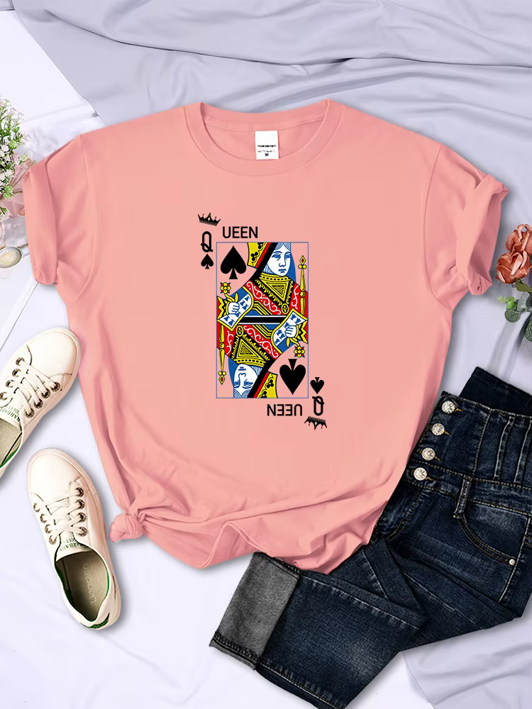 T-shirt à manches courtes imprimé cartes de poker Queen Of Spades Q pour femmes, décontracté, Kawaii