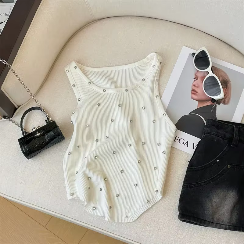 Débardeur tricoté avec strass, blanc, col ras du cou, sans manches, vêtements d'été pour femmes, hau