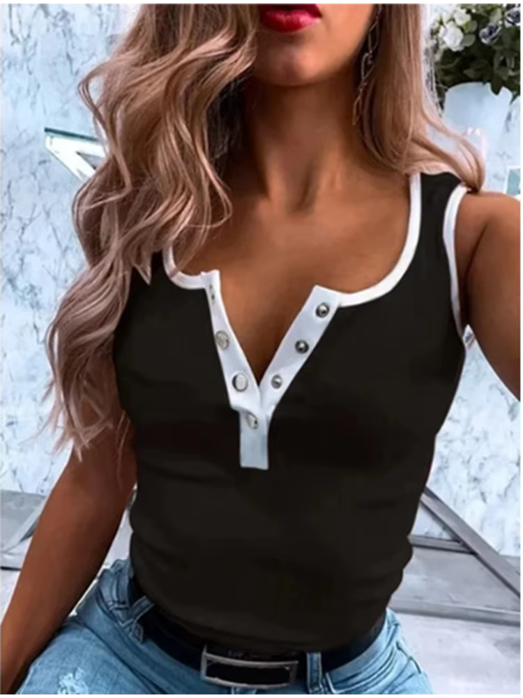 Femmes sans manches bouton mince Camisole monochromatique gilet décontracté été T-Shirt nouveau 2021