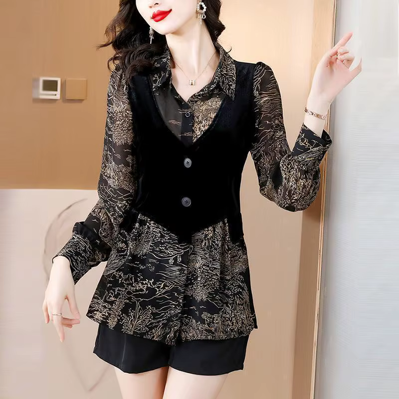 Faux chemisier deux pièces pour femme, col polo, bouton épissé, imprimé, mode, mince, manches longue