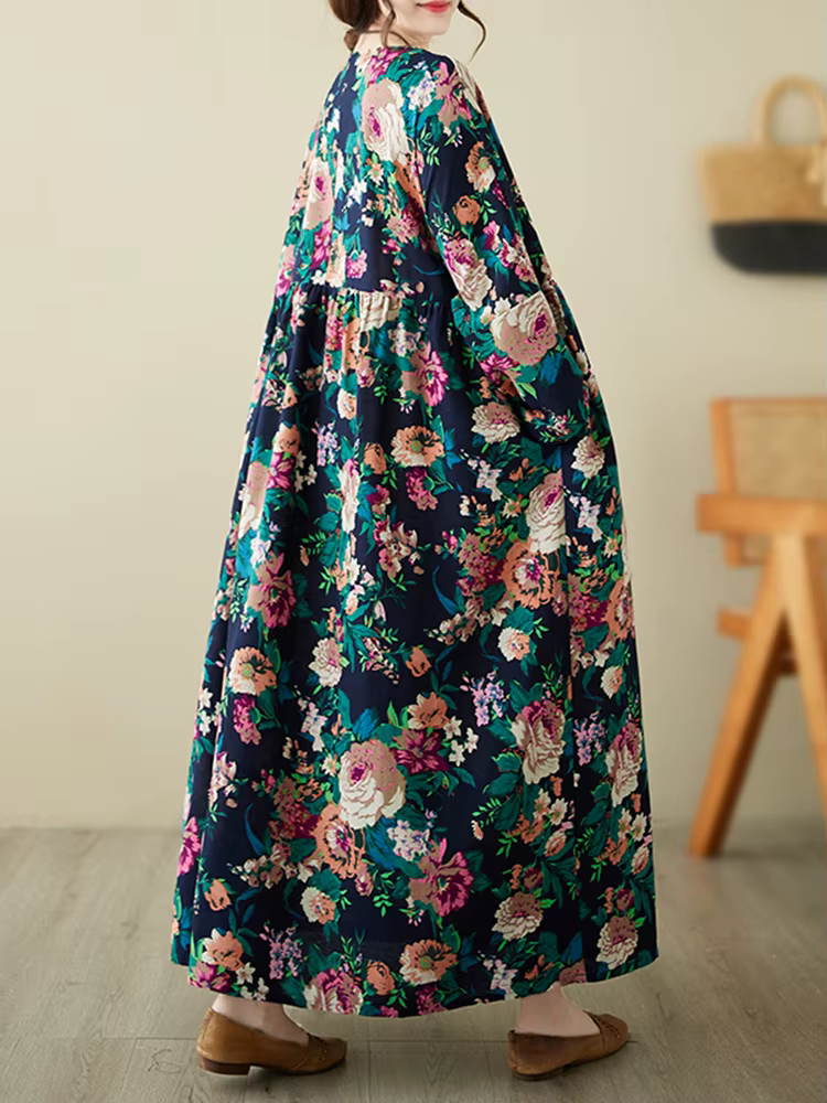 Robes amples en coton à manches longues imprimées style vintage pour femmes – Collection Printemps-A