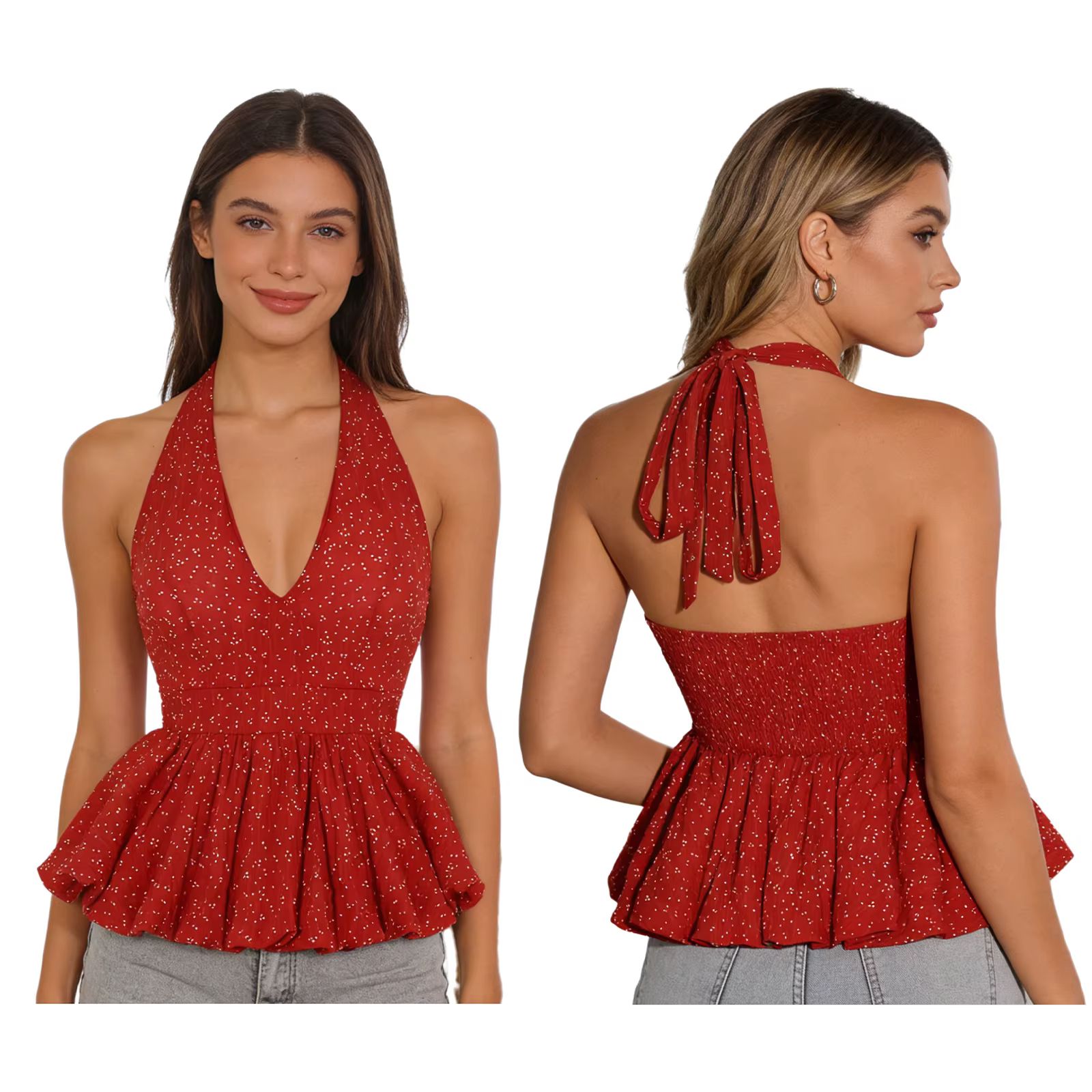 Débardeur Halter à Pois pour Femme avec Coussinets de Poitrine Intégrés, Col en V, Sans Manches, Dos