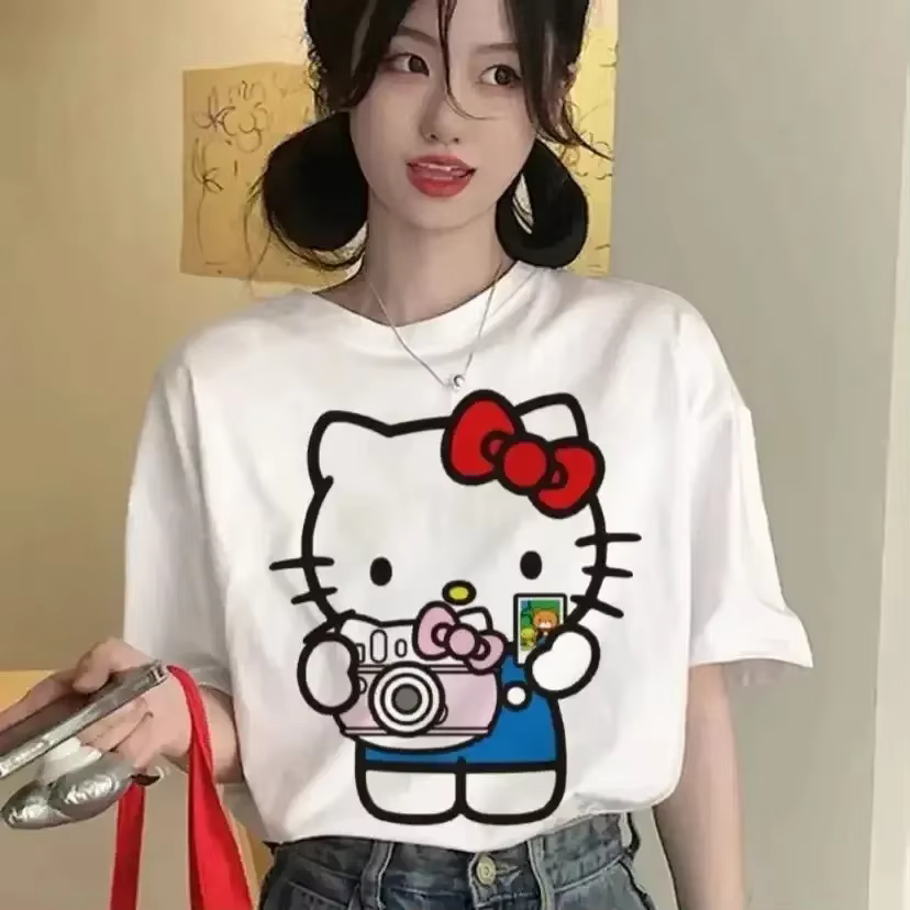 T-shirts en coton coréen Y2K Hello Kitty Kawaii, style anime mignon, amples et confortables pour fem