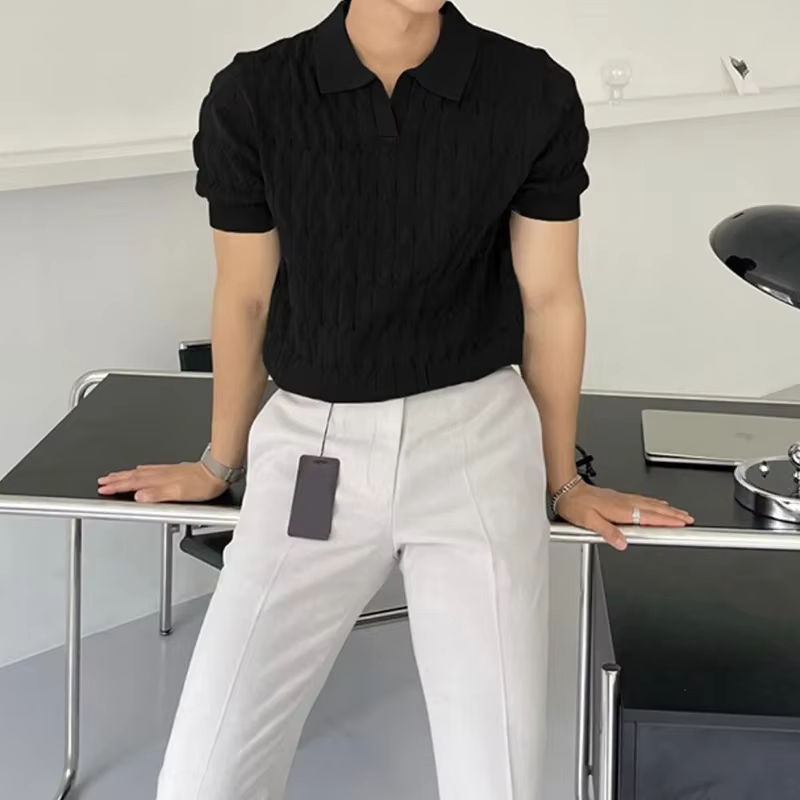 Polo jacquard à rayures pour hommes, T-shirt décontracté à col en V et à manches courtes, vêtement d