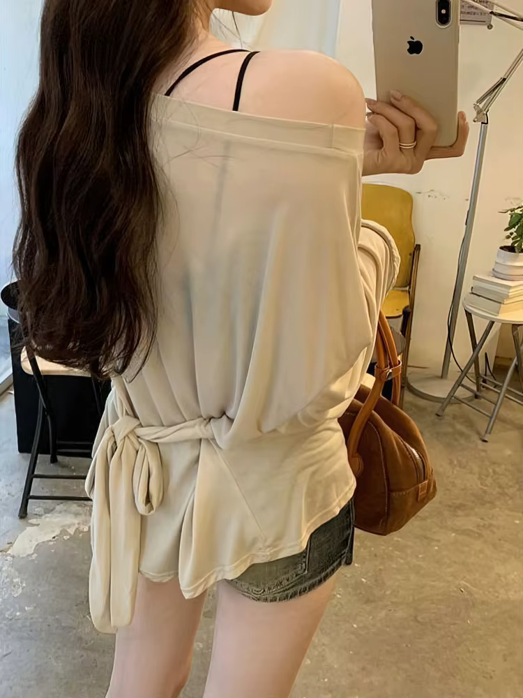 Voir à travers la manches longues surdimensionné t-shirt femmes Sexy dos pansement épaules nues haut