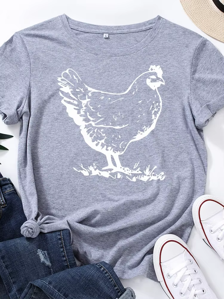 T-shirt manches courtes col rond femme, estival et jetable, avec impression poule blanche
