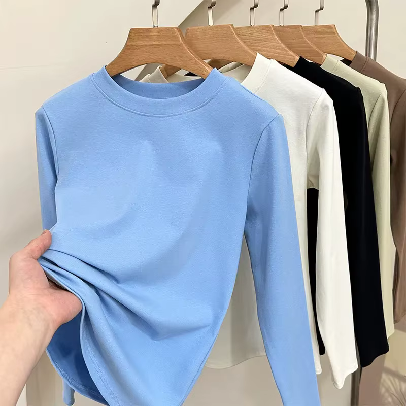 T-shirt en coton à manches longues pour femme, col rond fin, haut amincissant, sous-vêtement simple,