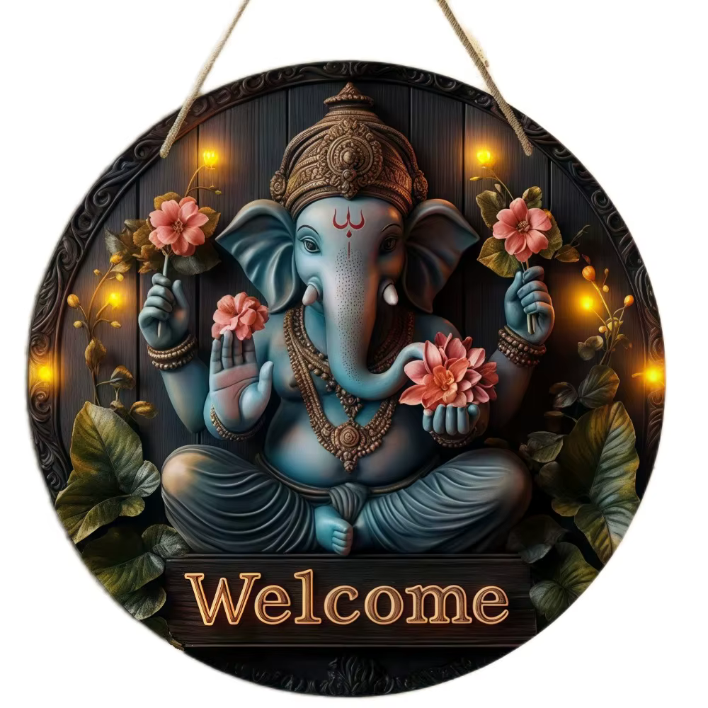 Décoration murale 2D Ganesha God, panneau de bienvenue rond en bois, adapté à la maison, au restaura