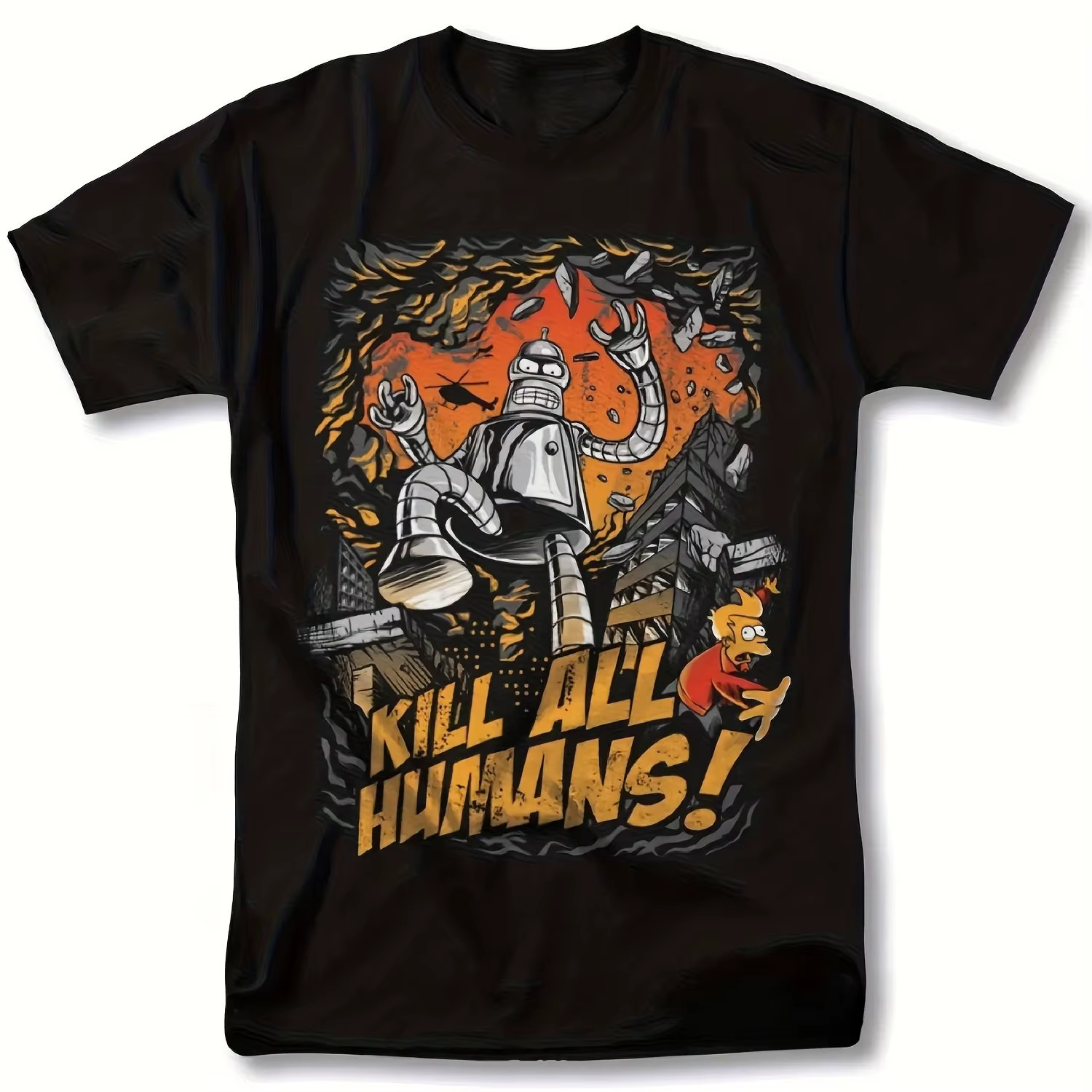 Futurama Bender Robot Kill All Human T-shirt graphique noir à manches courtes et col rond avec motif