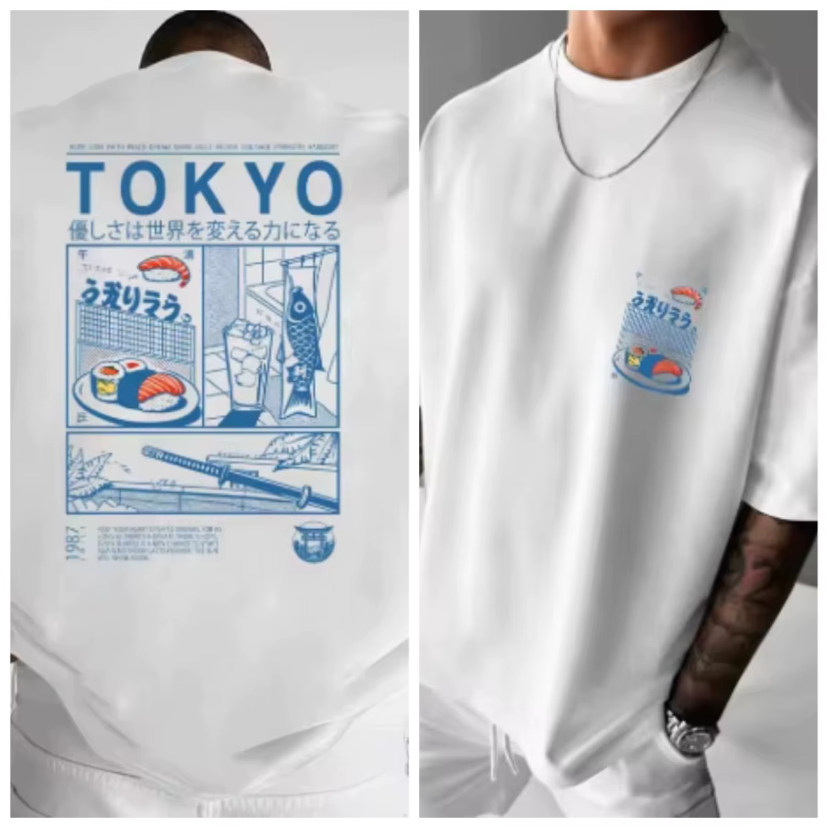 T-shirt pour homme en coton 100% avec imprimé Tokyo Sushi Street, style urbain décontracté pour l'ét
