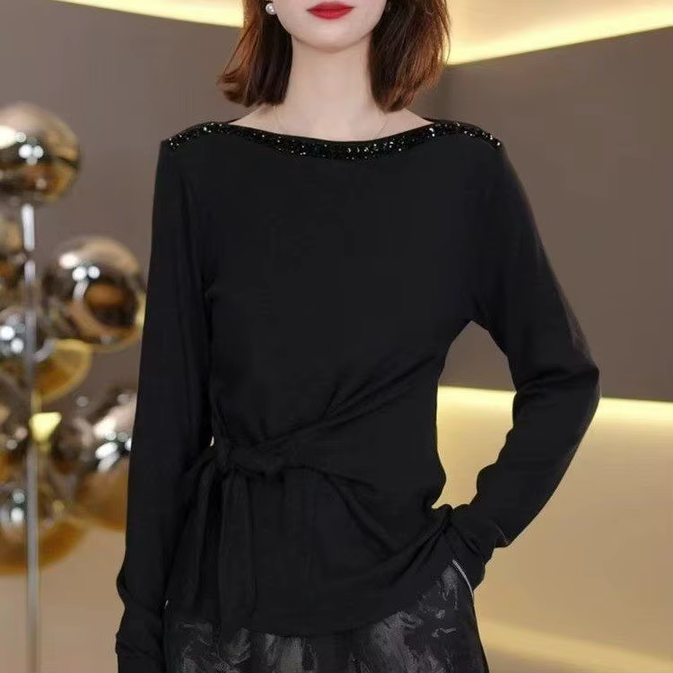 Haut Slim à manches longues, Design à paillettes françaises, irrégulier, pur désir, une ligne, nouve