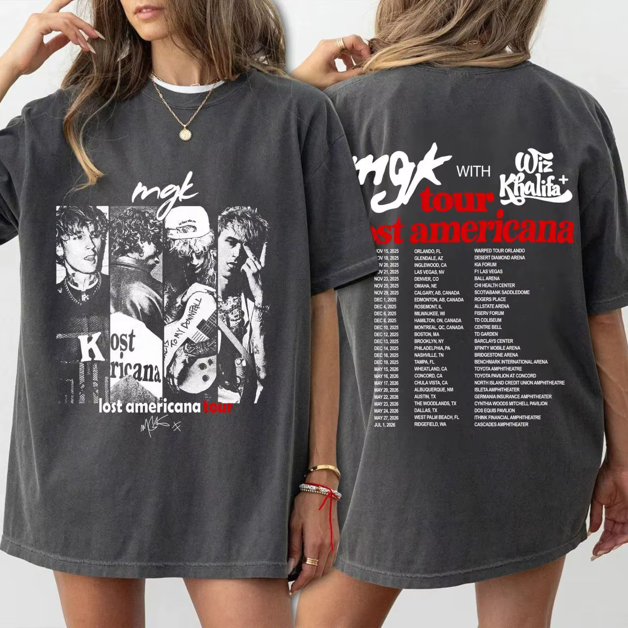 T-shirt double face Machine Gun Kelly Lost American Tour 2026, T-shirt pour jeunes MGK Lost American