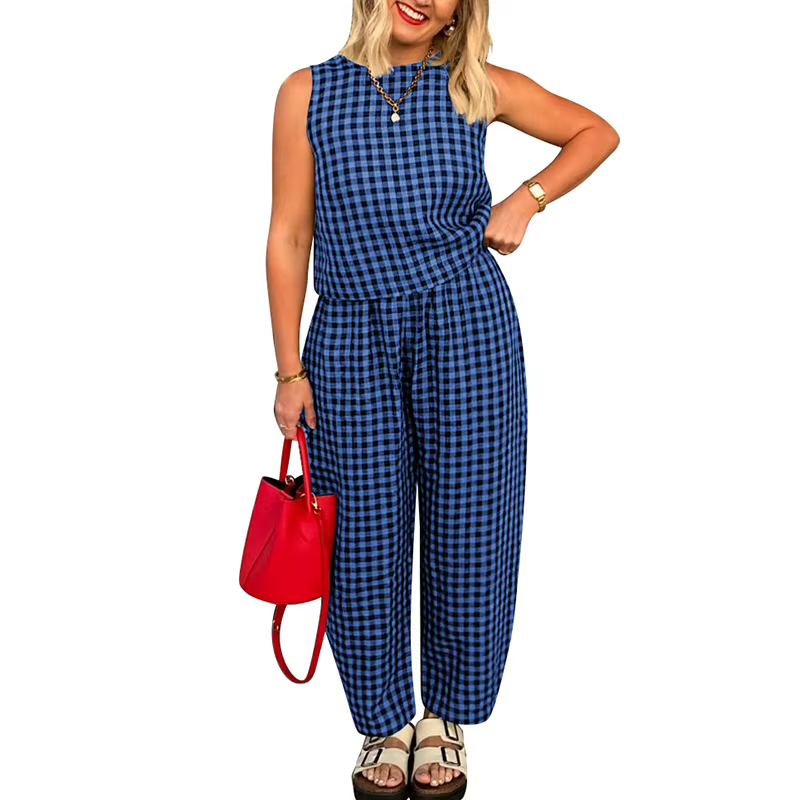 Mode femmes pantalons ensemble imprimé Plaid sans manches 2025 printemps été décontracté gilet neuf 