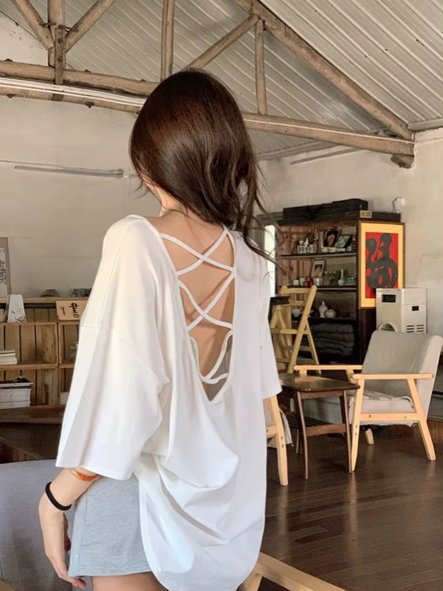 T-shirt dos nu à manches longues pour femme, nouveau style décontracté et ample pour l'été