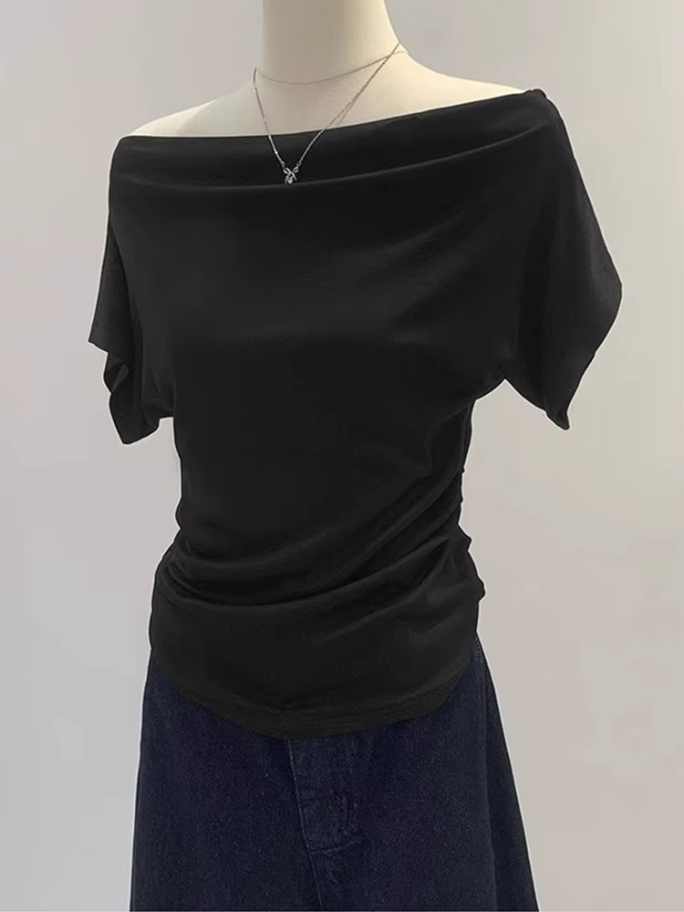 T-shirt noir à manches courtes pour femmes, asymétrique épaule dénudée, Style coréen, haut amincissa