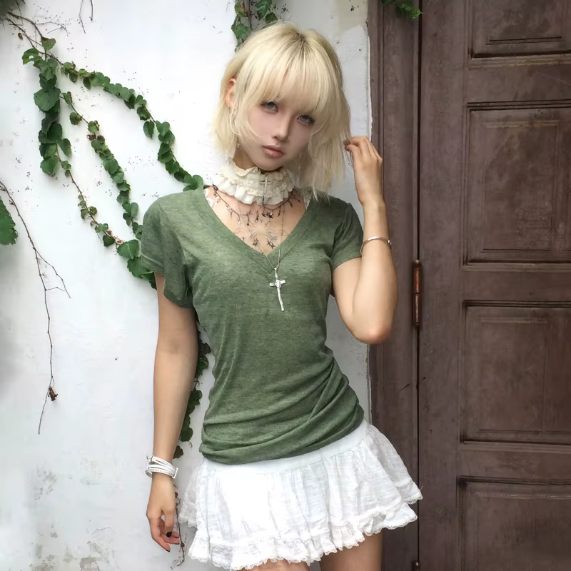 Karrram japonais Y2k vert tricoté T-shirt Trashy 2000s Style col en v haut Vintage Harajuku manches