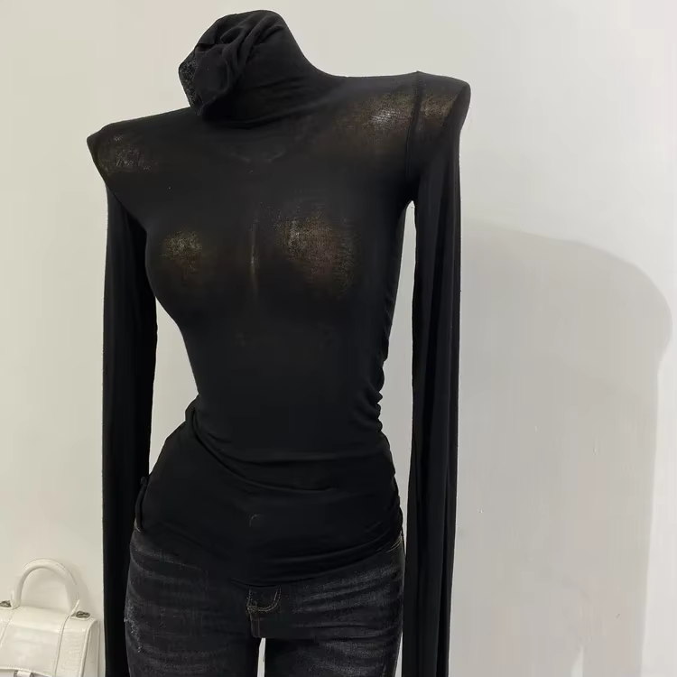 Mince doux américain à manches longues T-shirt col haut empilé serré Perspective bas chemise femmes 