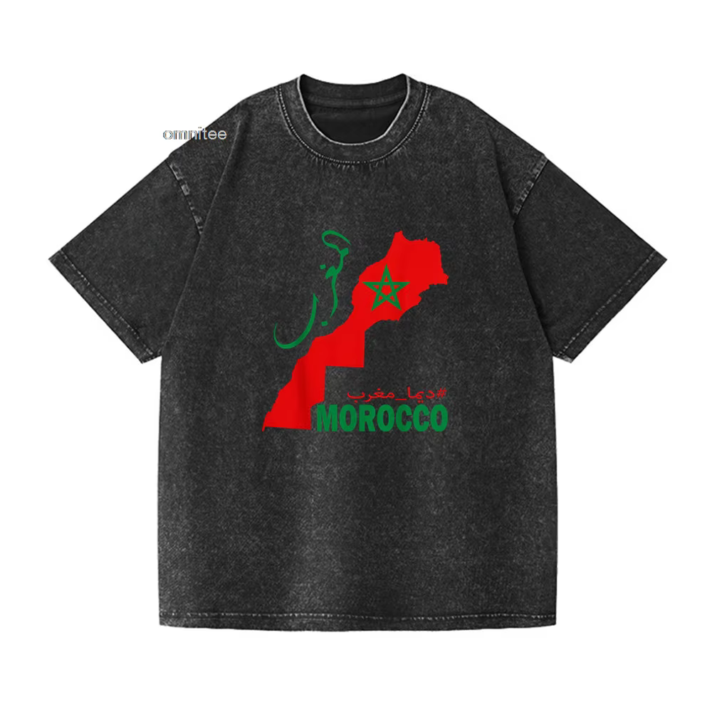 T-shirt Carte du Maroc Drapeau Vintage en Coton Lavé Décontracté pour Hommes et Femmes HJ-012