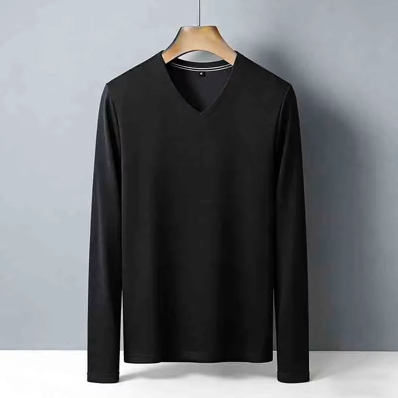 T-shirt à manches longues pour homme, col en V, marron, infroissable, facile d'entretien, respirant,