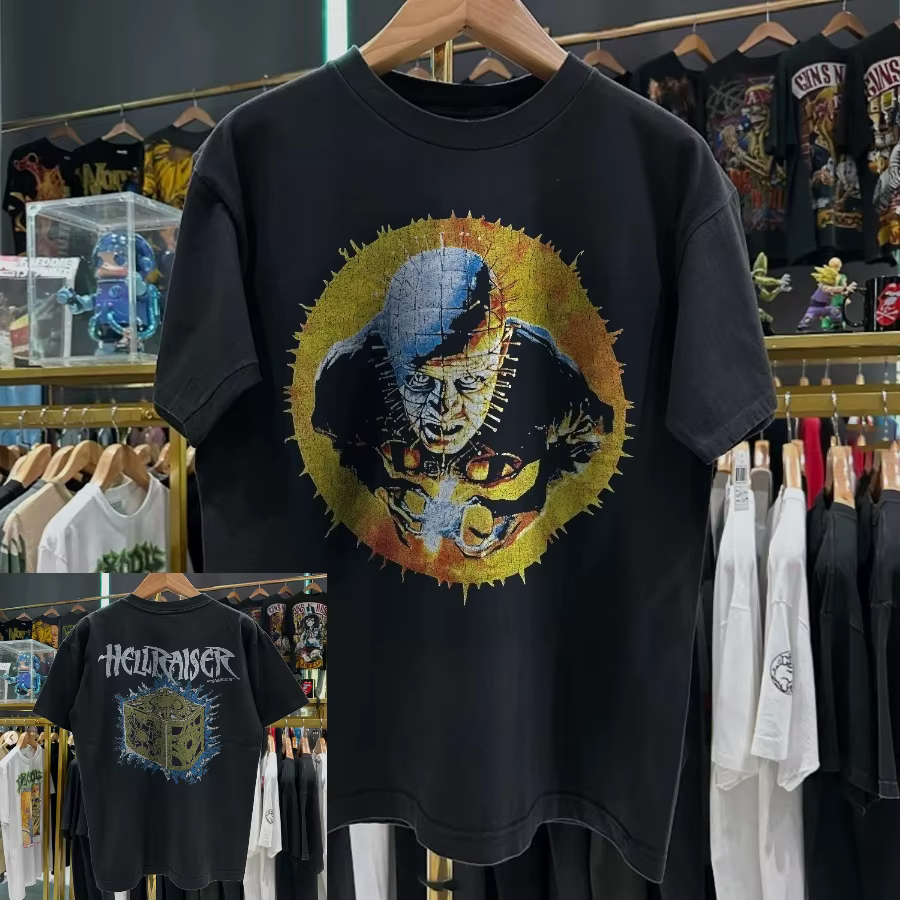 T-shirt noir délavé promotionnel Hellraiser 87', en coton, imprimé, décontracté, à manches courtes,