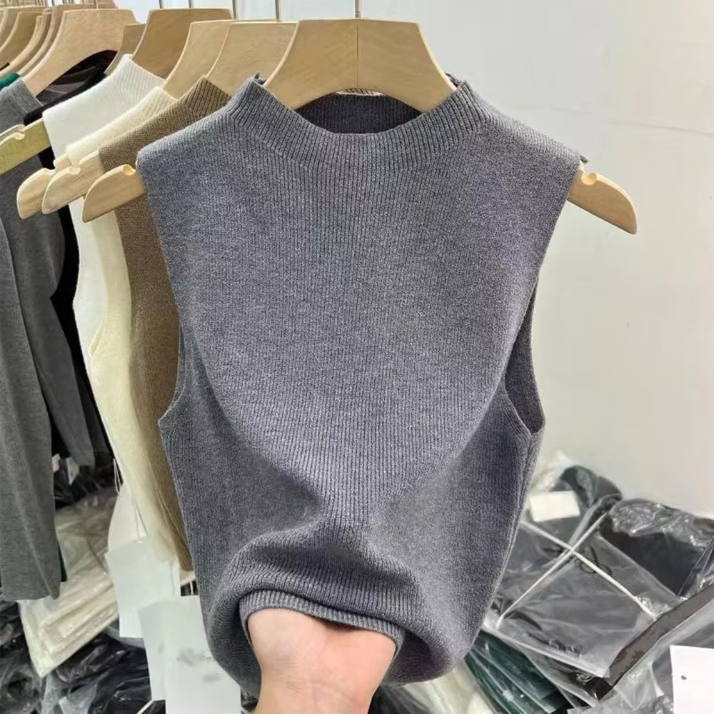 Débardeur tricoté pour femmes, couleur unie, T-Shirt, haut court, Camisole, pull demi-col roulé, san