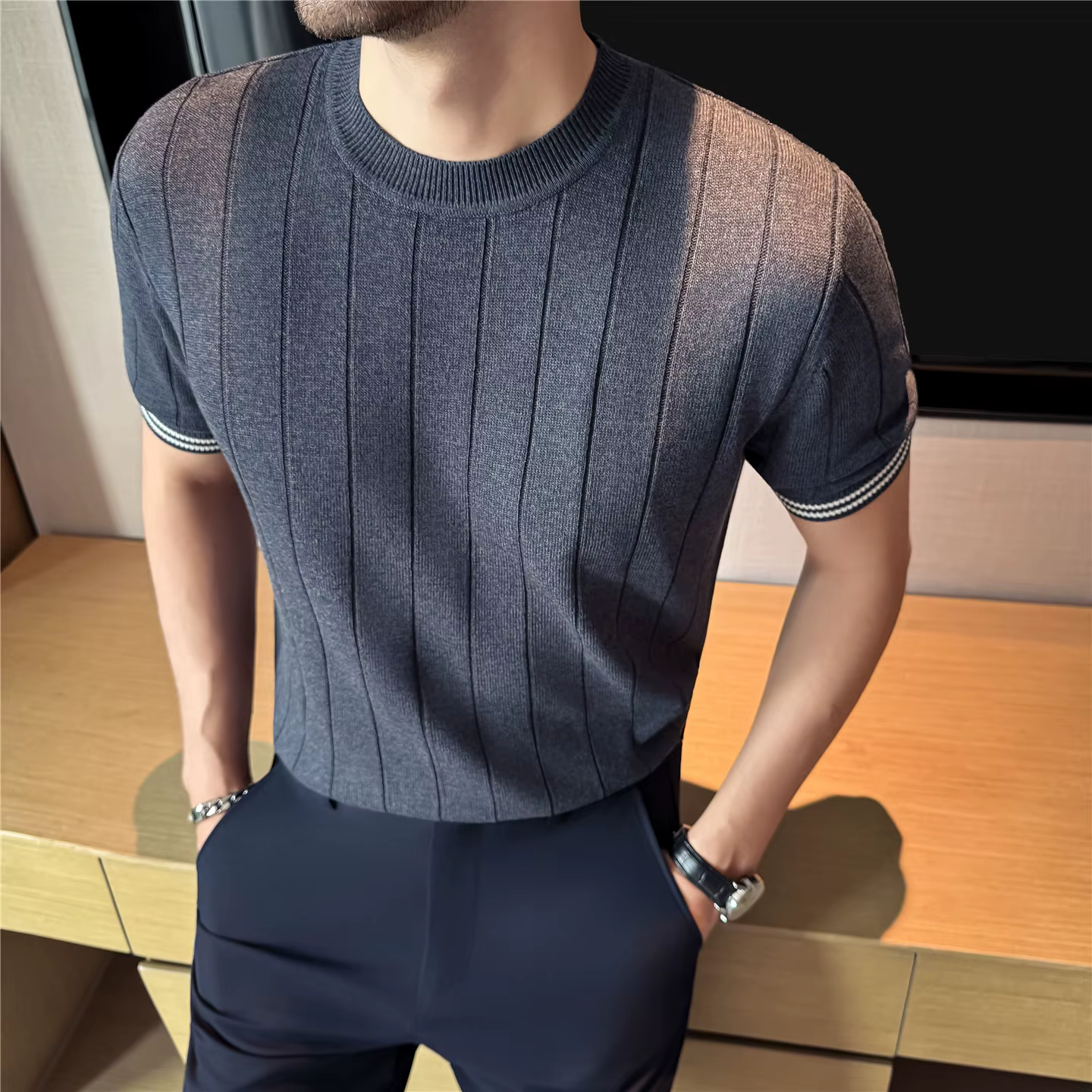 Chemise en lin naturel à manches courtes pour homme - Haut côtelé respirant et frais à col ras du co