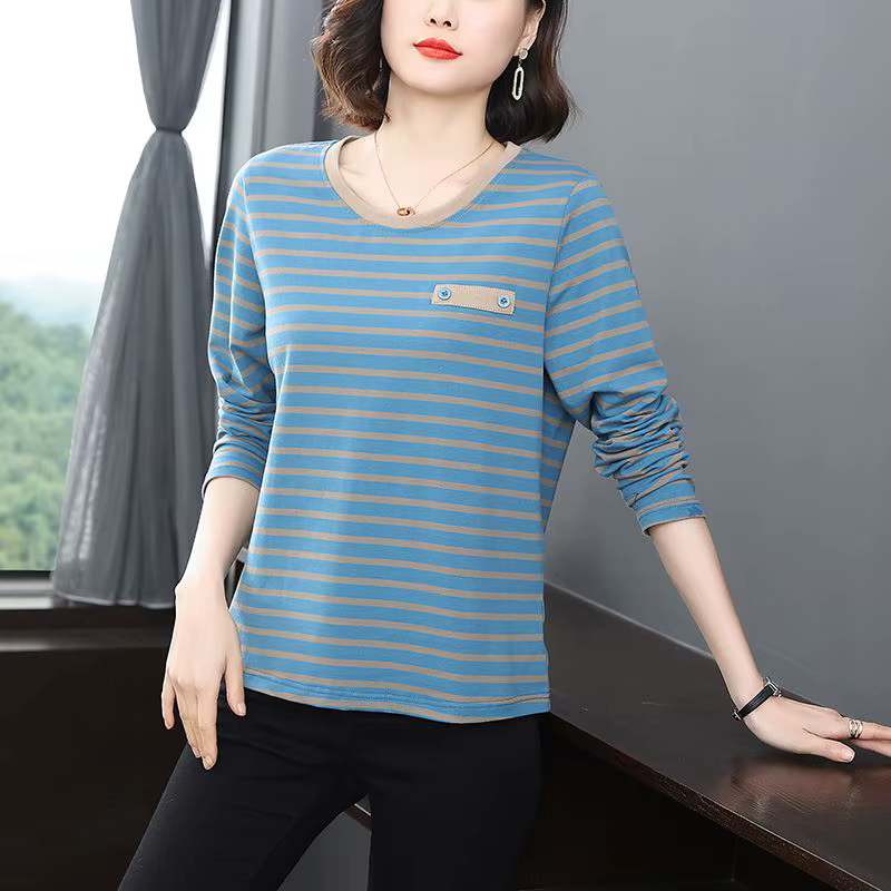 T-shirt rayé à manches longues et col rond pour femme, haut polyvalent à la mode, printemps et autom